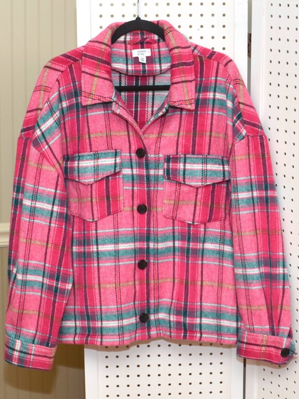 Plus Size XXL Crown & Ivy Pink Plaid Button Front Shacket Jacket